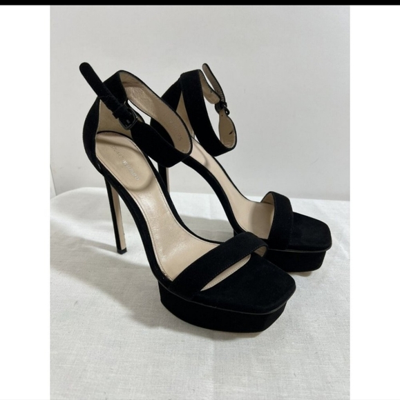 ๐ Stuart Weitzman Women's Backupplat Black Suede Platform High-Heel Sandals 9 M - Picture 4 of 13